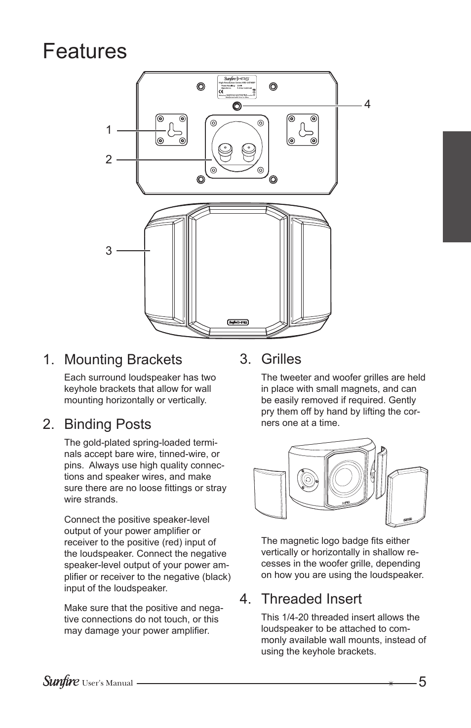 Features, Mounting brackets, Binding posts | Grilles, Threaded insert | Sunfire HRS-SAT4BIP User Manual | Page 5 / 12