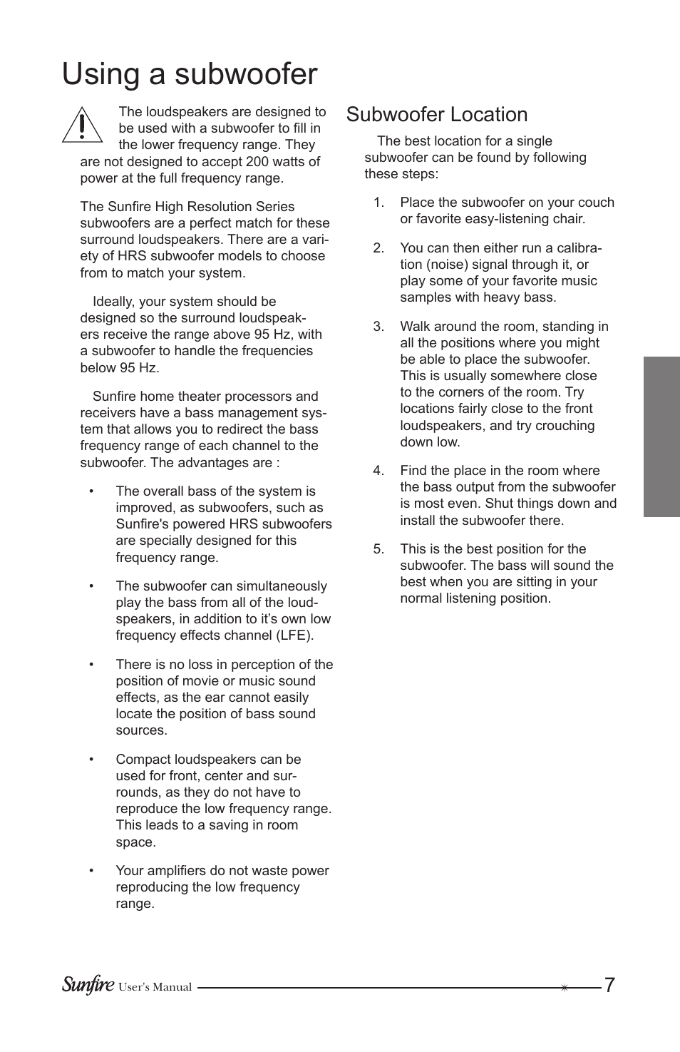 Using a subwoofer, 7subwoofer location | Sunfire HRS-SAT4BIP User Manual | Page 7 / 12