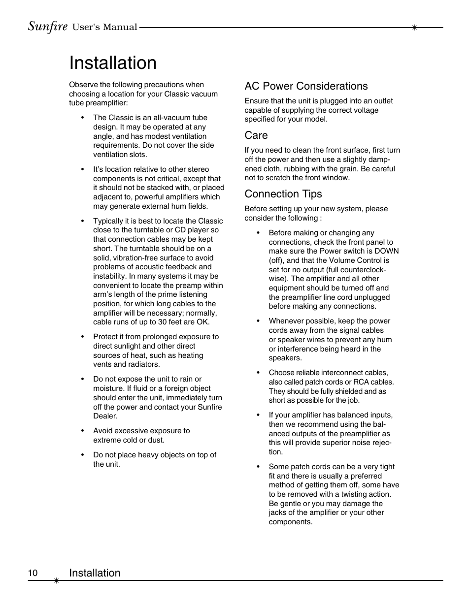 Installation, Ac power considerations, Care | Connection tips | Sunfire Classic Vacuum Tube Preamplifier User Manual | Page 10 / 24