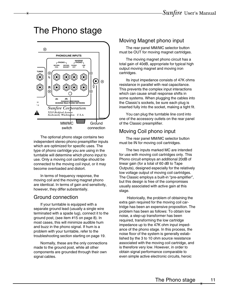 The phono stage, Ground connection, Moving magnet phono input | Moving coil phono input, User's manual | Sunfire Classic Vacuum Tube Preamplifier User Manual | Page 11 / 24