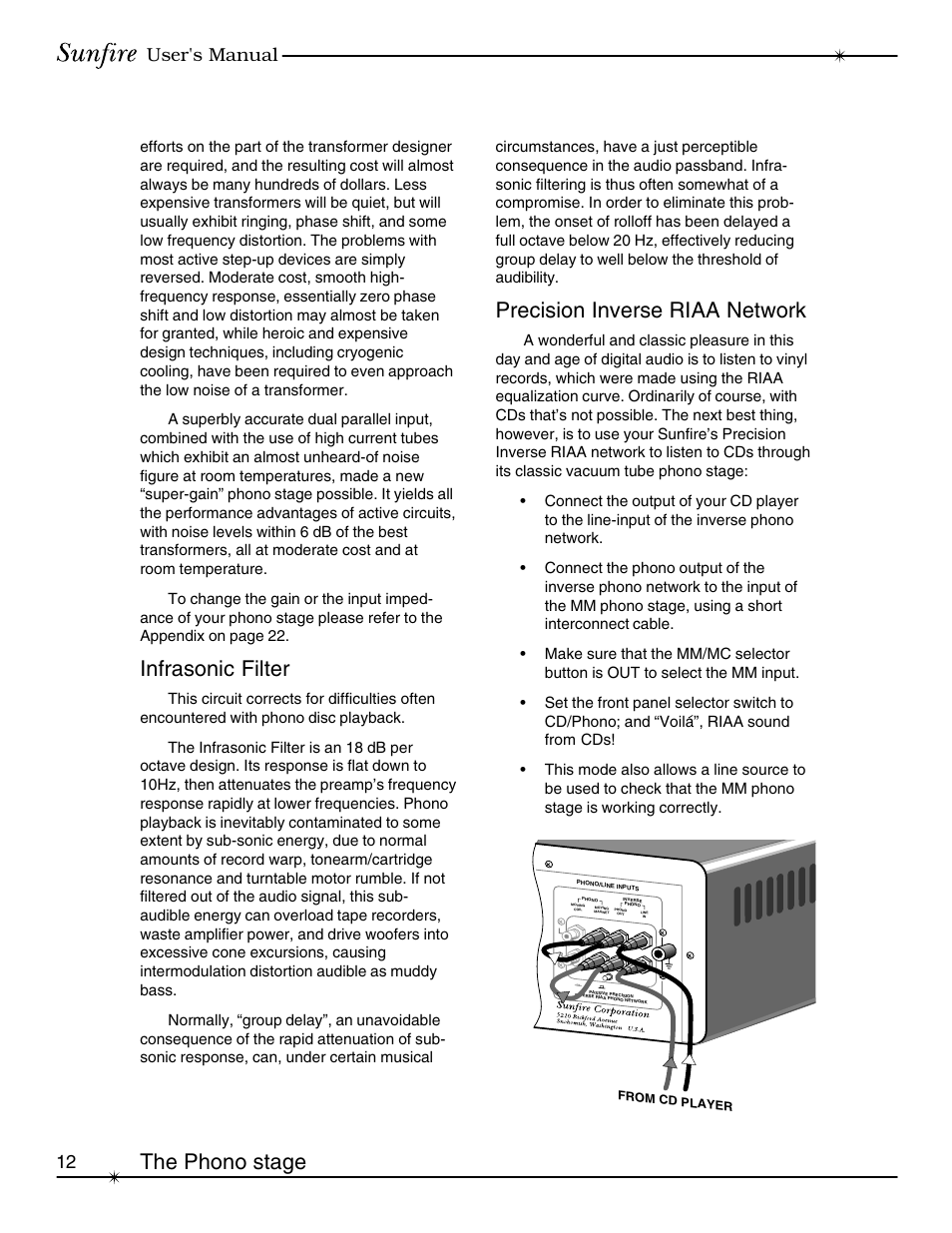 Infrasonic filter, Precision inverse riaa network, The phono stage | 12 user's manual | Sunfire Classic Vacuum Tube Preamplifier User Manual | Page 12 / 24