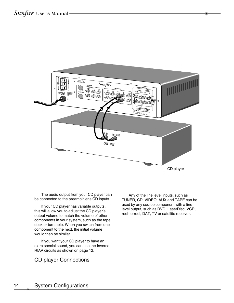 Cd player connections, System configurations | Sunfire Classic Vacuum Tube Preamplifier User Manual | Page 14 / 24