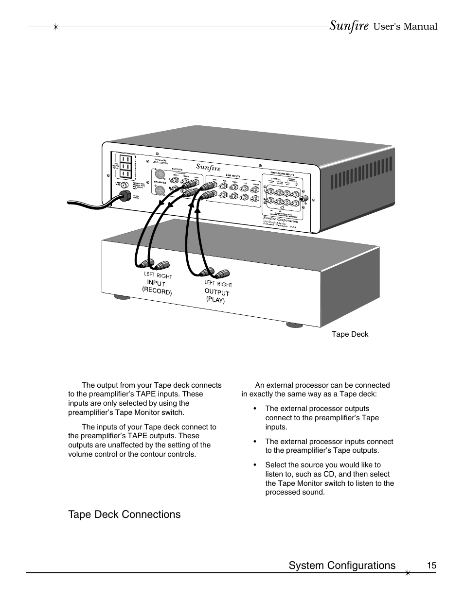 Tape deck connections, System configurations | Sunfire Classic Vacuum Tube Preamplifier User Manual | Page 15 / 24