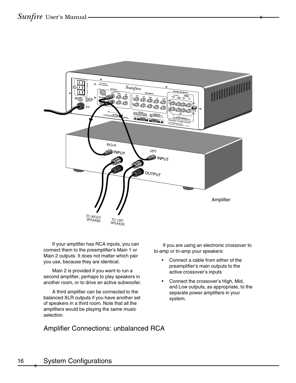 Amplifier connections: unbalanced rca, System configurations | Sunfire Classic Vacuum Tube Preamplifier User Manual | Page 16 / 24