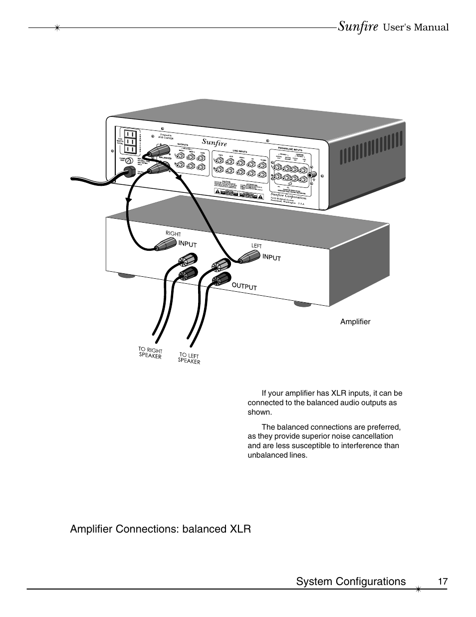 Amplifier connections: balanced xlr, System configurations | Sunfire Classic Vacuum Tube Preamplifier User Manual | Page 17 / 24