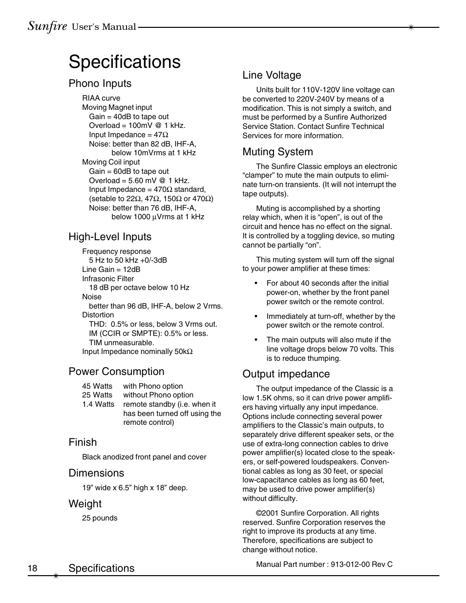 Specifications, Phono inputs, High-level inputs | Power consumption, Finish, Dimensions, Weight, Line voltage, Muting system, Output impedance | Sunfire Classic Vacuum Tube Preamplifier User Manual | Page 18 / 24