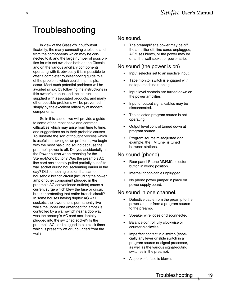 Troubleshooting, No sound, No sound (the power is on) | No sound (phono), No sound in one channel | Sunfire Classic Vacuum Tube Preamplifier User Manual | Page 19 / 24