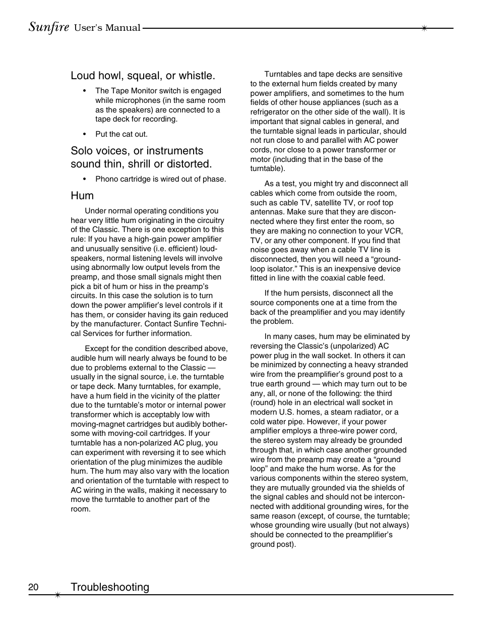 Loud howl, squeal, or whistle, Troubleshooting | Sunfire Classic Vacuum Tube Preamplifier User Manual | Page 20 / 24