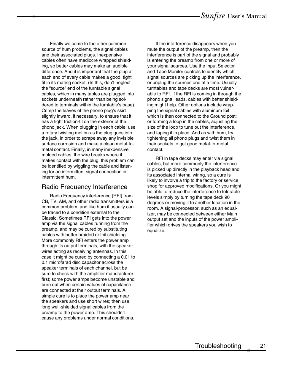 Radio frequency interference, Troubleshooting | Sunfire Classic Vacuum Tube Preamplifier User Manual | Page 21 / 24