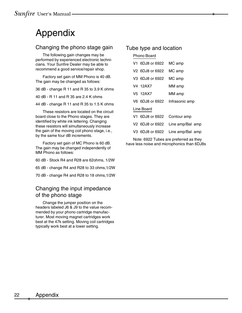 Appendix, Changing the phono stage gain, Changing the input impedance of the phono stage | Tube type and location | Sunfire Classic Vacuum Tube Preamplifier User Manual | Page 22 / 24