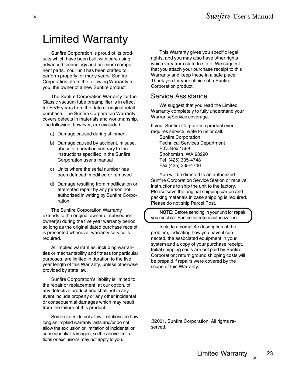 Limited warranty, Service assistance | Sunfire Classic Vacuum Tube Preamplifier User Manual | Page 23 / 24