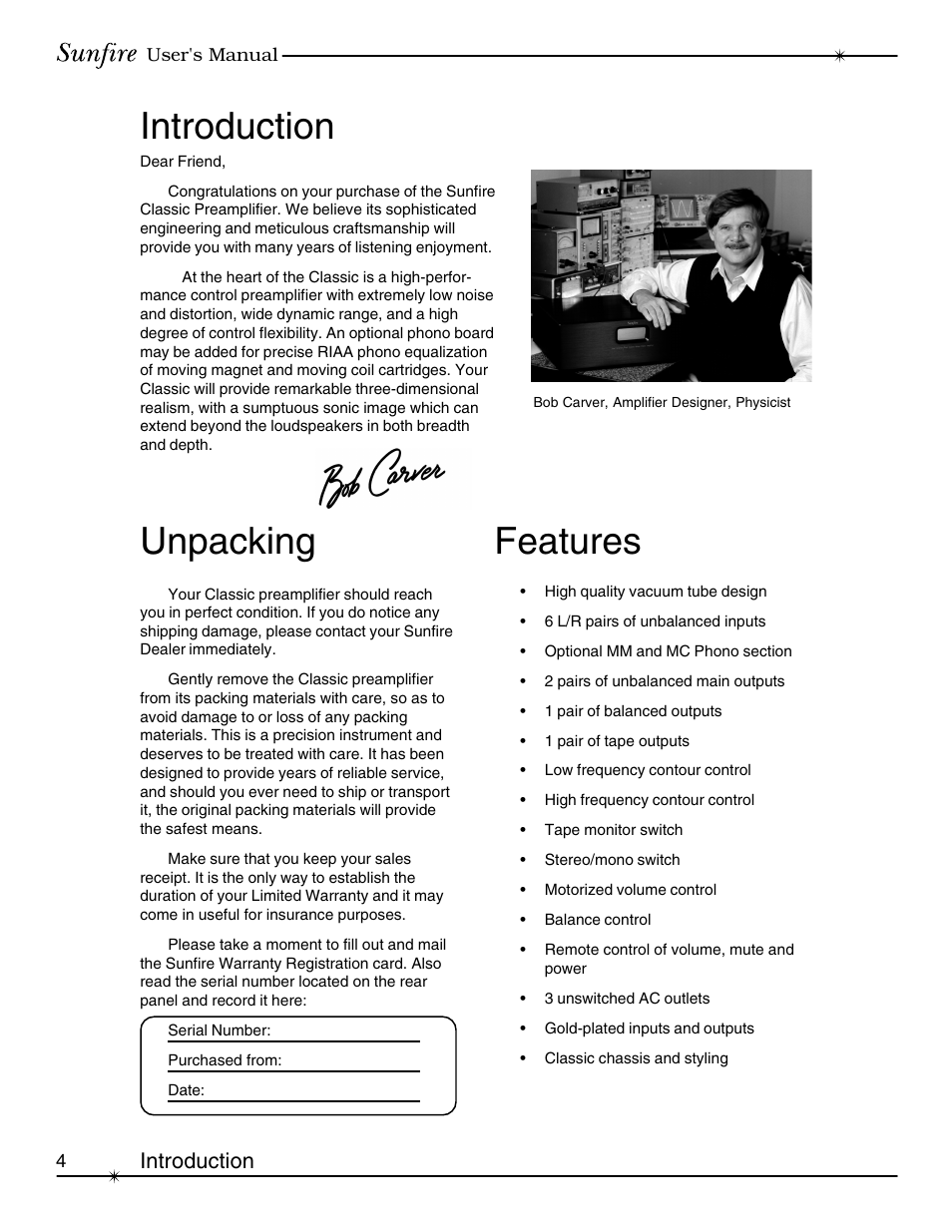 Introduction, Unpacking features | Sunfire Classic Vacuum Tube Preamplifier User Manual | Page 4 / 24