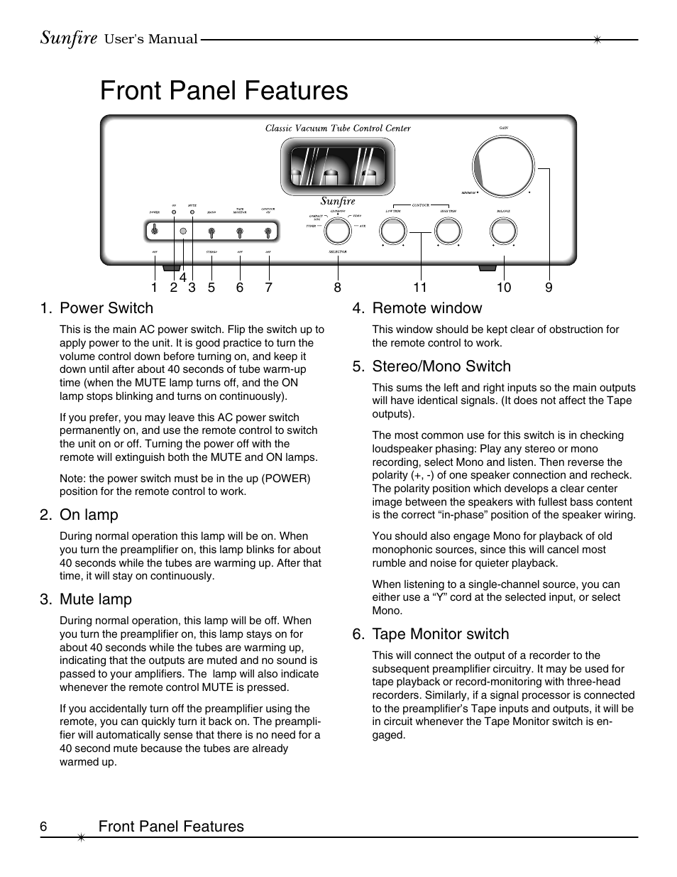 Front panel features | Sunfire Classic Vacuum Tube Preamplifier User Manual | Page 6 / 24