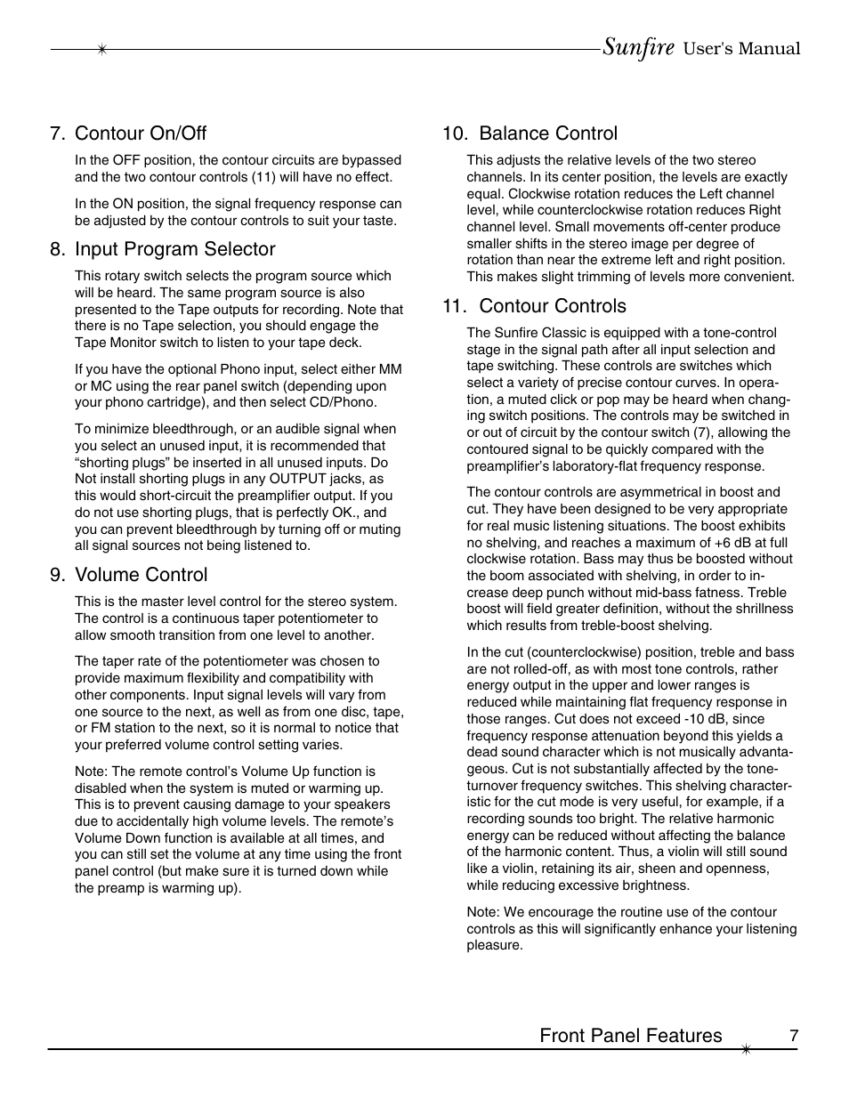 Front panel features 7. contour on/off, Input program selector, Volume control | Balance control, Contour controls | Sunfire Classic Vacuum Tube Preamplifier User Manual | Page 7 / 24