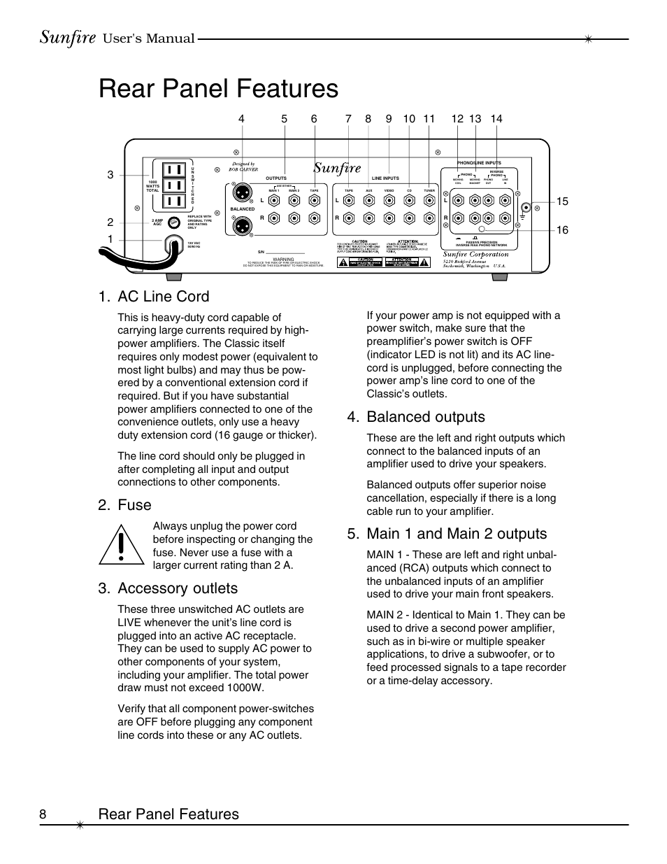 Rear panel features, Rear panel features 1. ac line cord, Accessory outlets | Balanced outputs, Main 1 and main 2 outputs, 8user's manual, Fuse | Sunfire Classic Vacuum Tube Preamplifier User Manual | Page 8 / 24