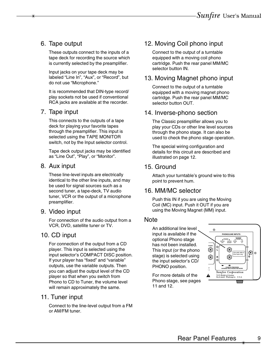 Rear panel features 6. tape output, Tape input, Aux input | Video input, Cd input, Tuner input, Moving coil phono input, Moving magnet phono input, Ground, Mm/mc selector | Sunfire Classic Vacuum Tube Preamplifier User Manual | Page 9 / 24