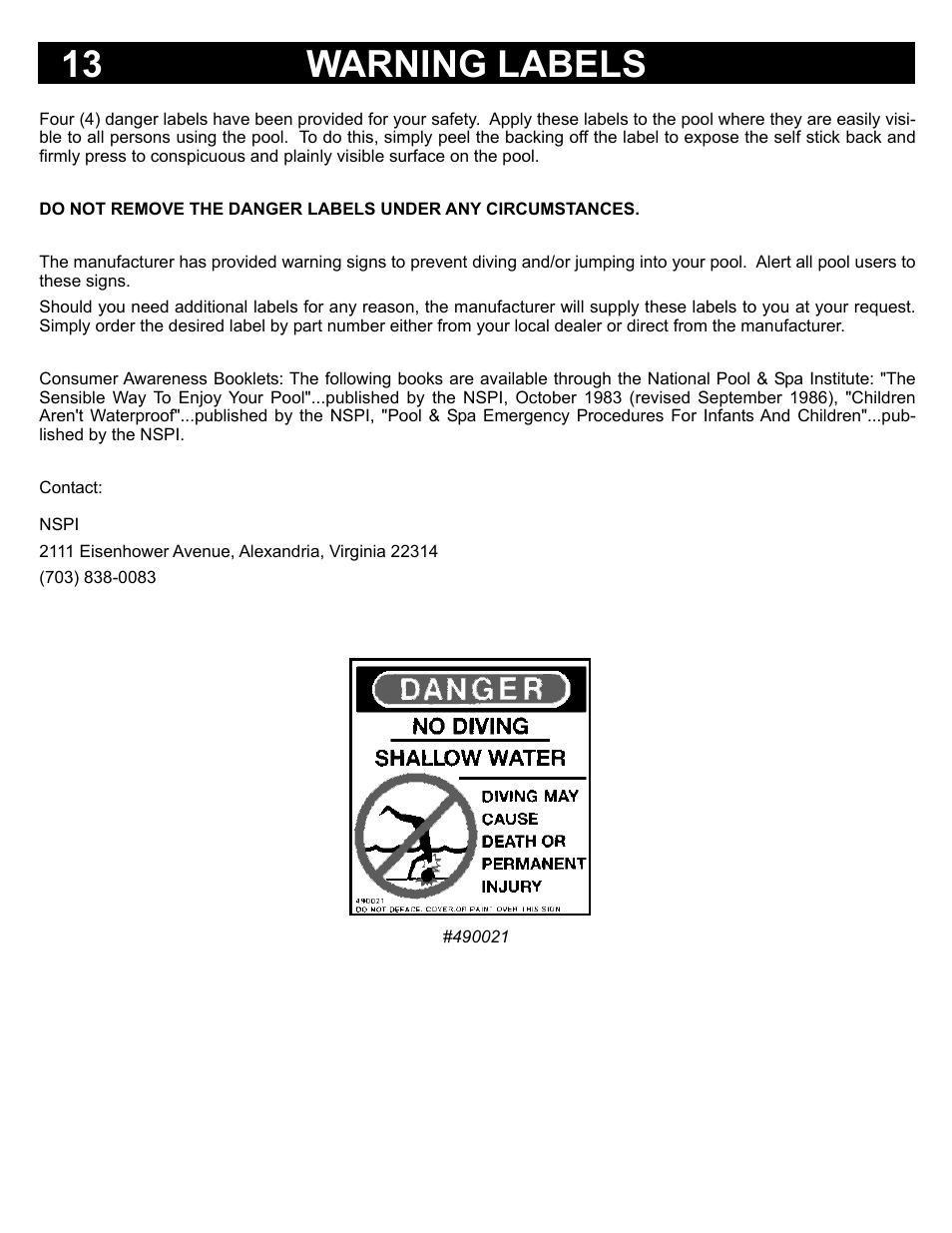 13 warning labels | Swim'n Play Above Ground Swimming Pool User Manual | Page 11 / 12