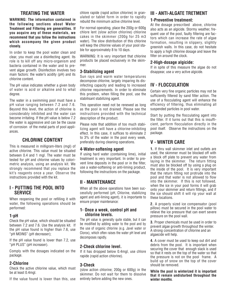 Treating the water, Chlorine content, I - putting the pool into service | Ii - maintenance, Iii - anti-algate tretment, Iv - flocculation, V - winter care | Swim'n Play Above Ground Swimming Pool User Manual | Page 12 / 12