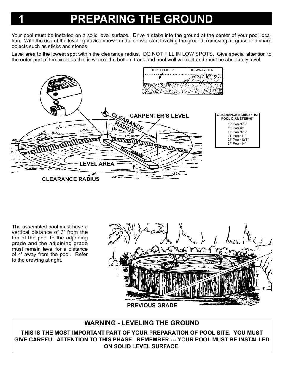 1preparing the ground, Warning - leveling the ground | Swim'n Play Above Ground Swimming Pool User Manual | Page 4 / 12