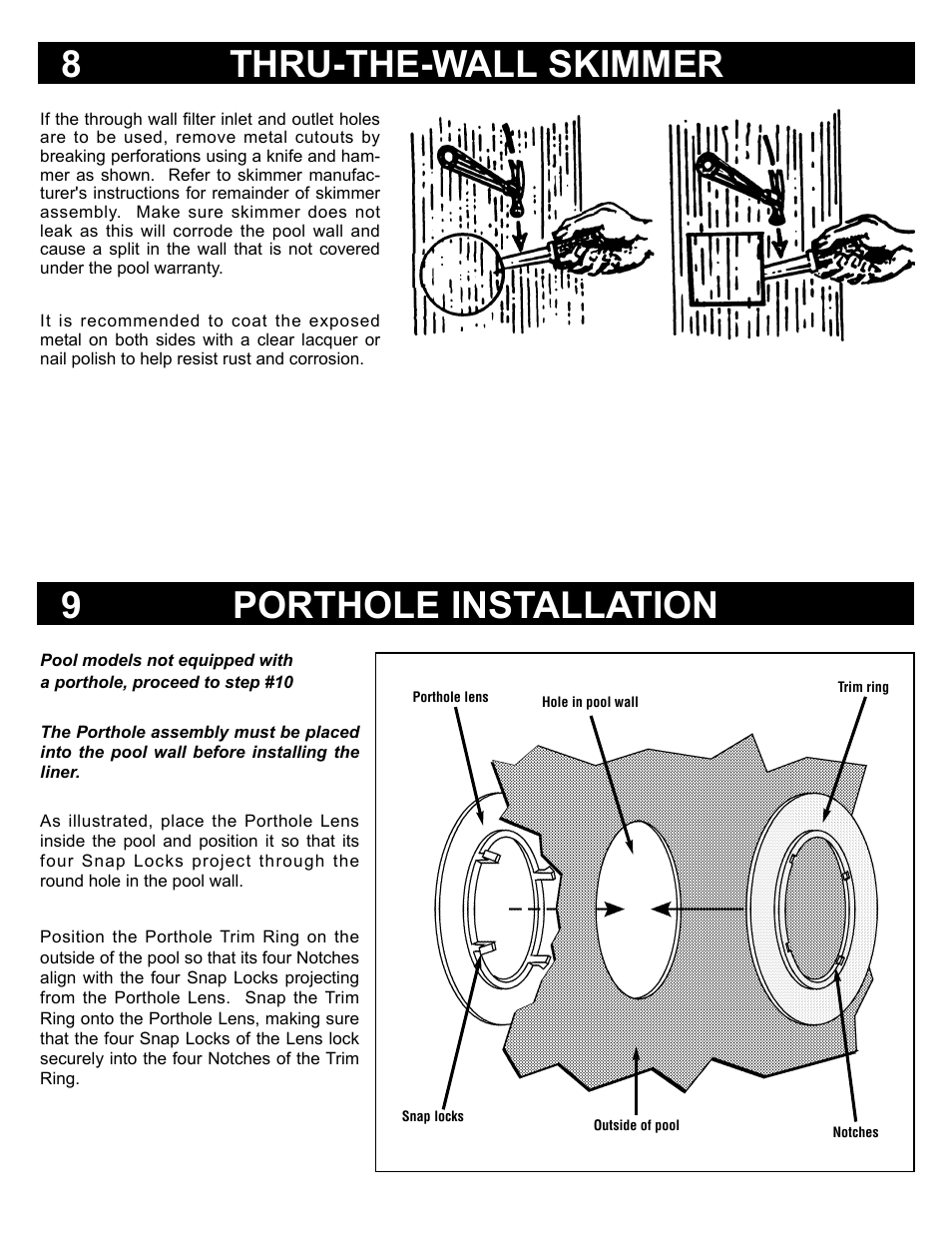 8thru-the-wall skimmer, 9porthole installation | Swim'n Play Above Ground Swimming Pool User Manual | Page 8 / 12