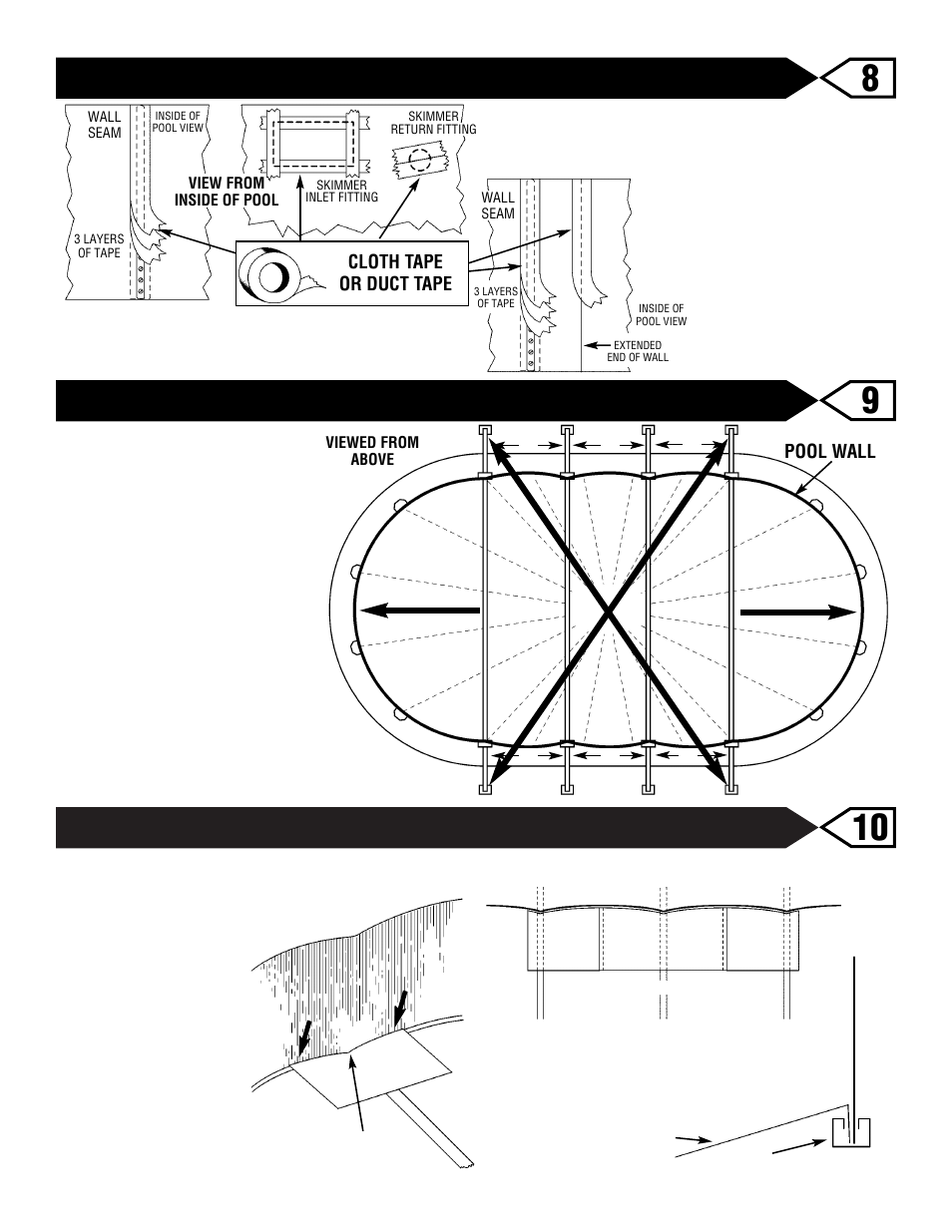 Hold down sheet, Rechecking your work, Protect your liner | Pool wall, Cloth tape or duct tape | Swim'n Play oval 4ft pool User Manual | Page 13 / 28