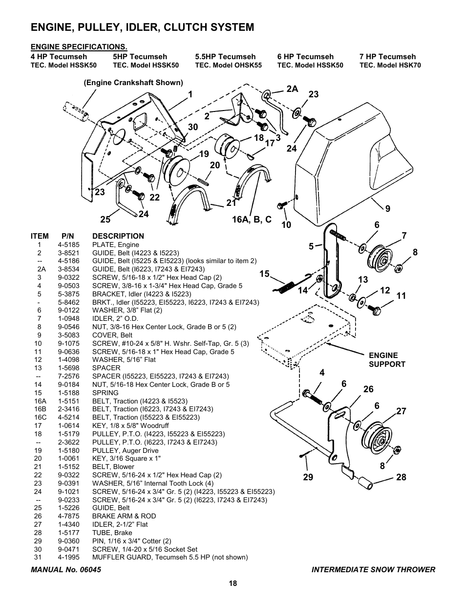 Itemp/ndescription, Engine, pulley, idler, clutch system | Snapper EI7243 User Manual | Page 18 / 24