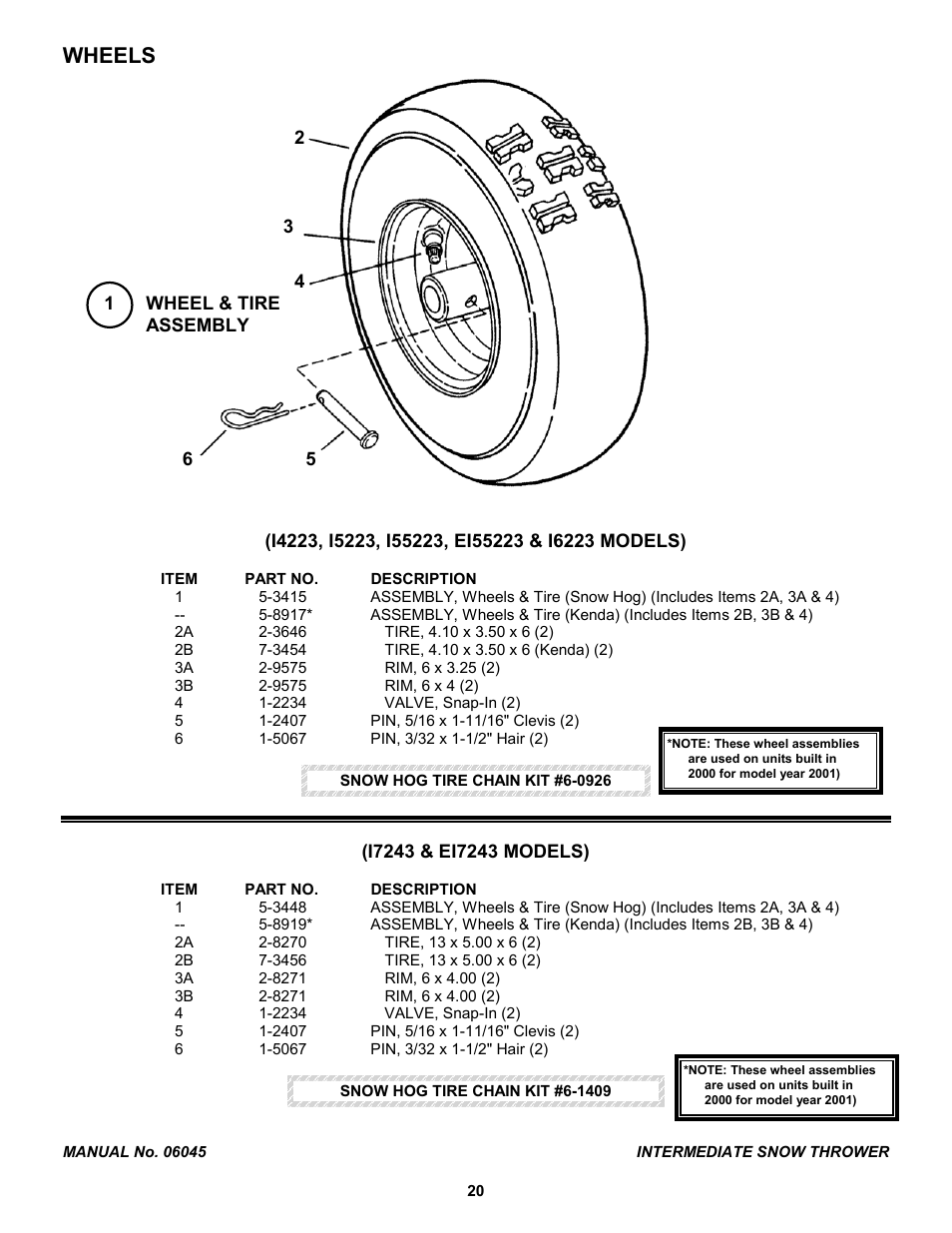 Snow hog tire chain kit #6-0926, Snow hog tire chain kit #6-1409, Wheels | Snapper EI7243 User Manual | Page 20 / 24