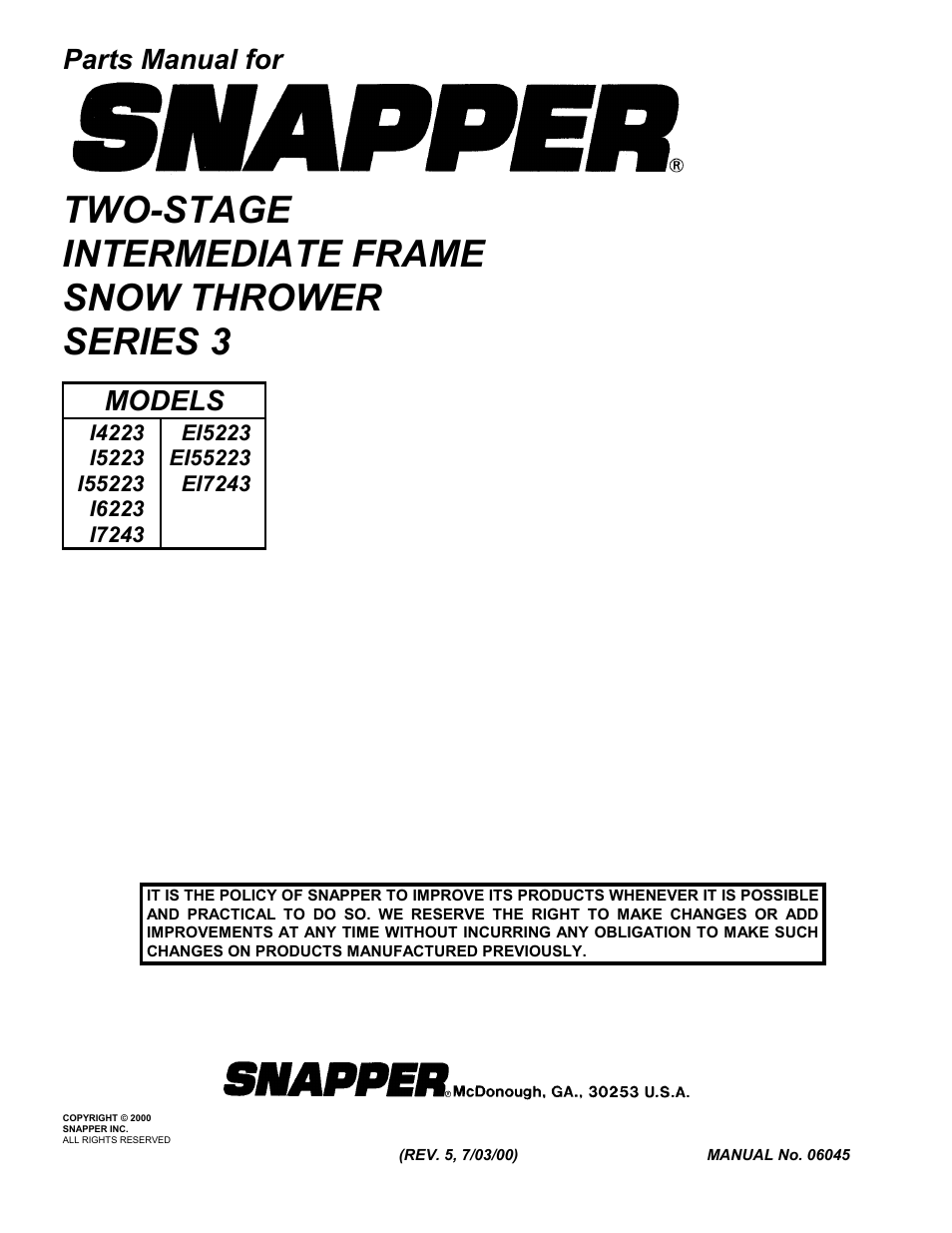 Two-stage intermediate frame snow thrower series 3, Parts manual for, Models | Snapper EI7243 User Manual | Page 24 / 24