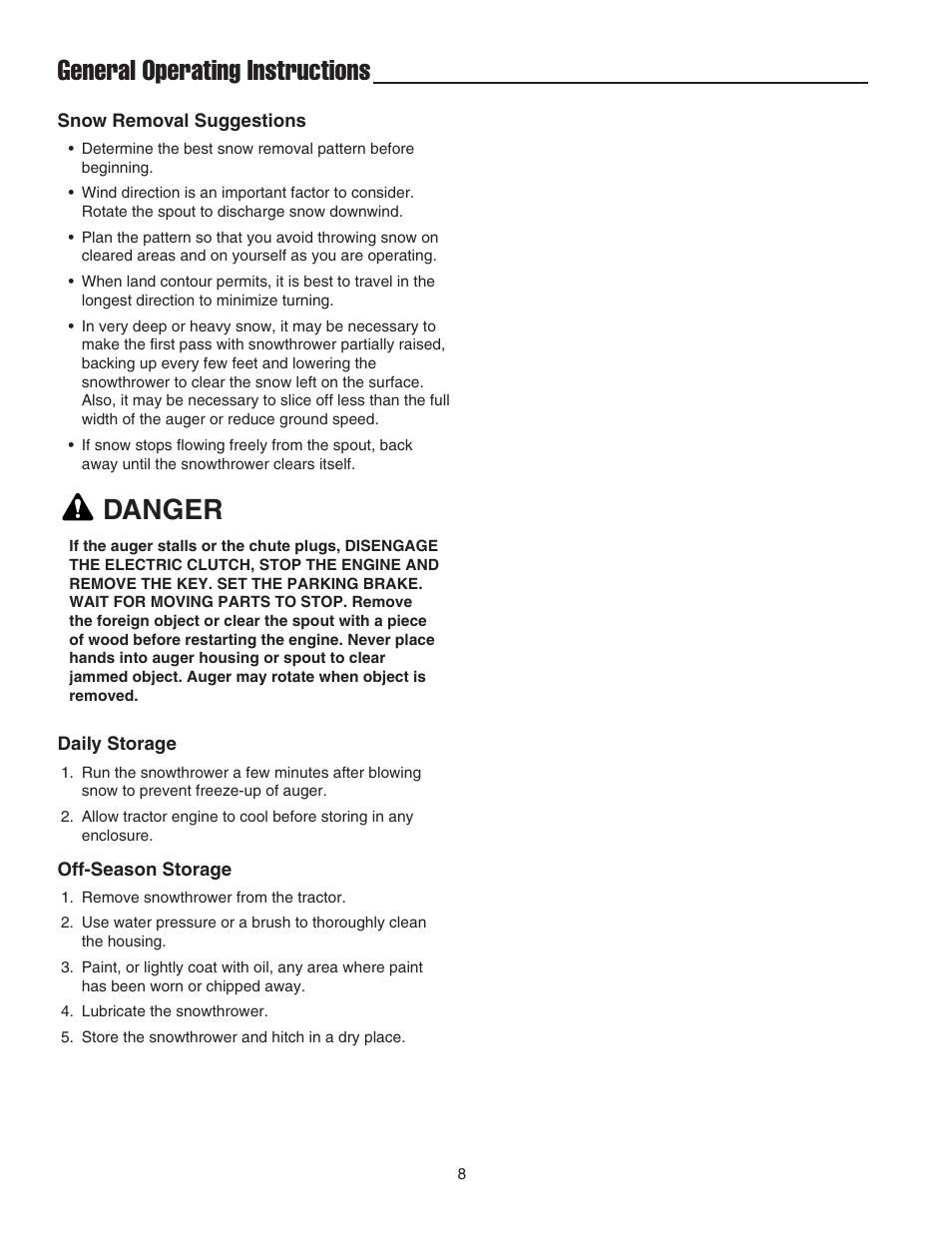 General operating instructions, Danger | Snapper 42" Single-Stage Snowthrower User Manual | Page 10 / 28