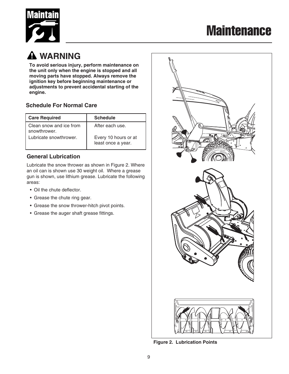 Maintenance, Warning | Snapper 42" Single-Stage Snowthrower User Manual | Page 11 / 28