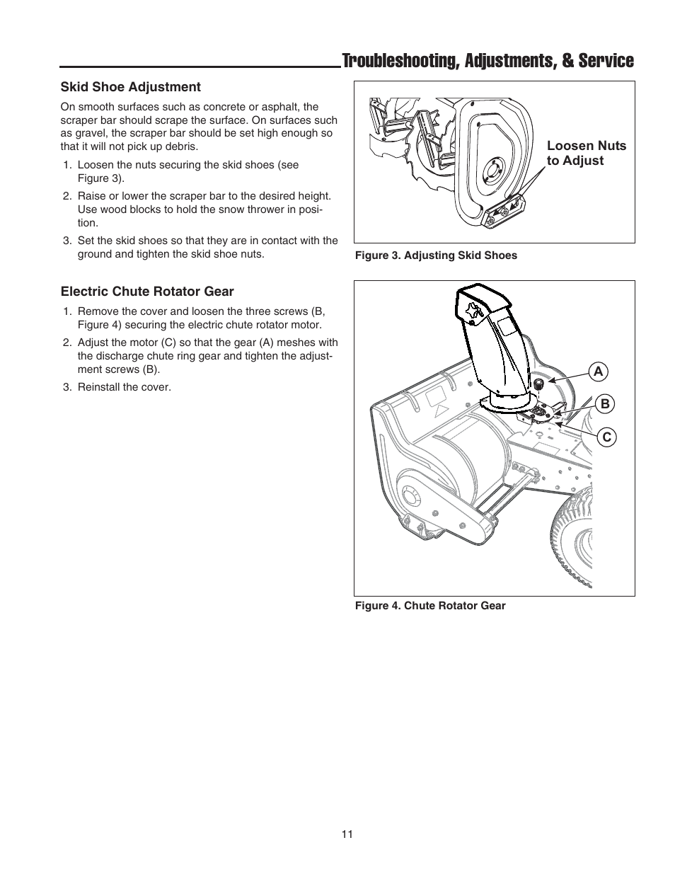 Troubleshooting, adjustments, & service | Snapper 42" Single-Stage Snowthrower User Manual | Page 13 / 28