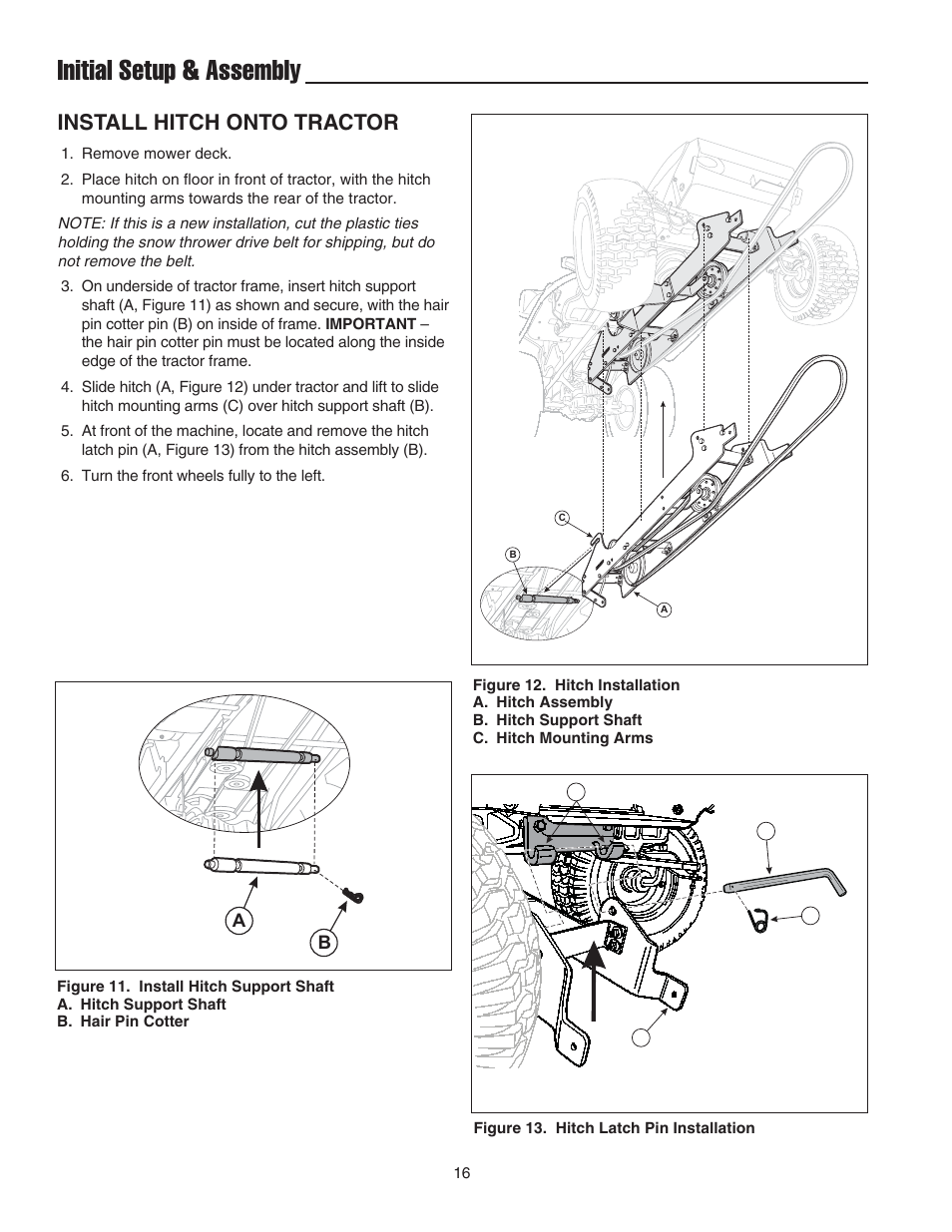 Initial setup & assembly, Install hitch onto tractor | Snapper 42" Single-Stage Snowthrower User Manual | Page 18 / 28