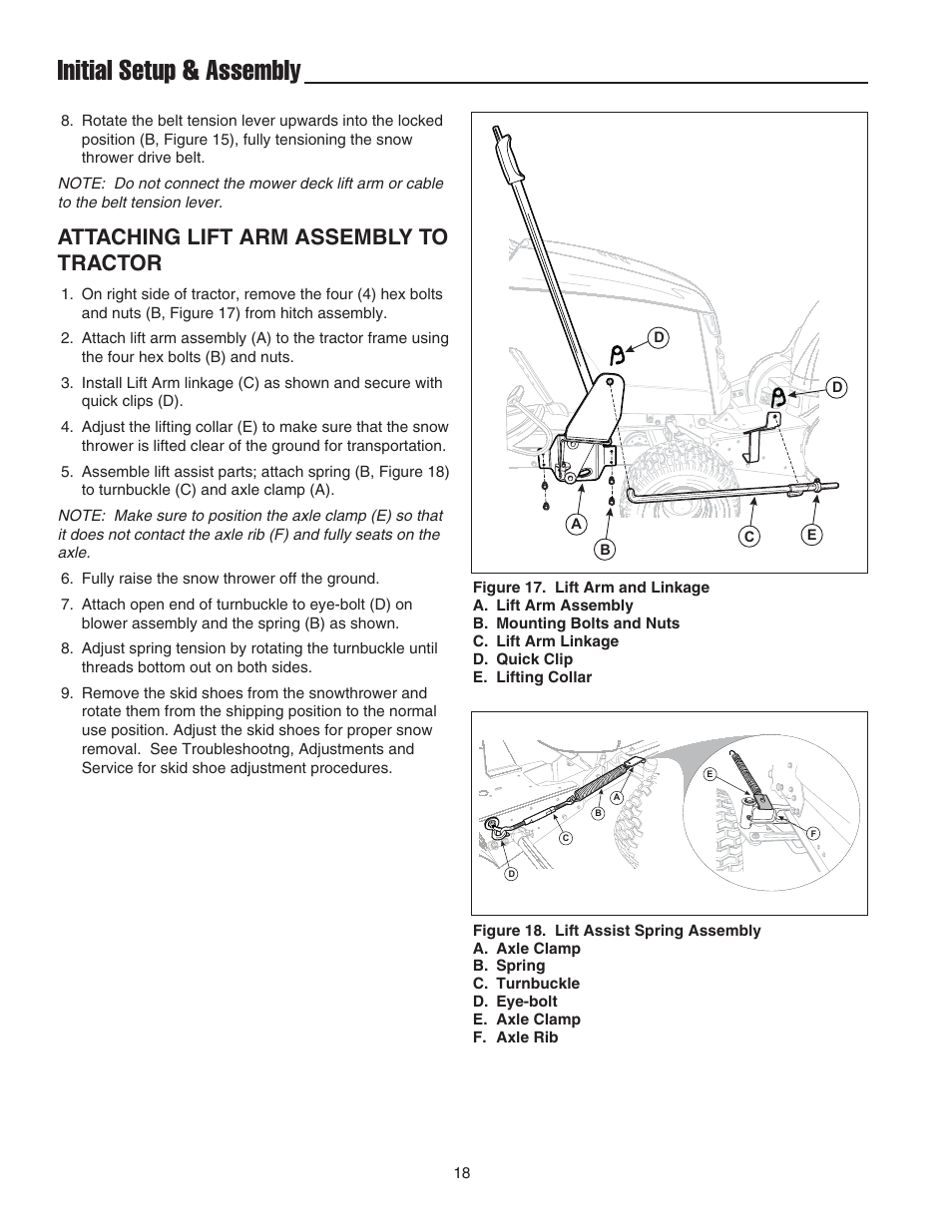 Initial setup & assembly, Attaching lift arm assembly to tractor | Snapper 42" Single-Stage Snowthrower User Manual | Page 20 / 28