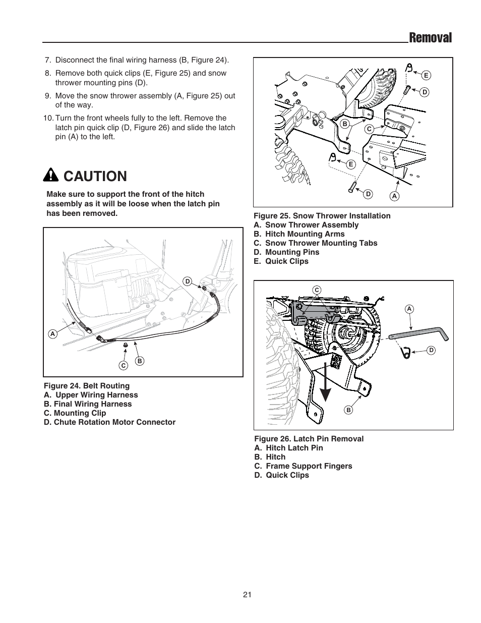 Removal, Caution | Snapper 42" Single-Stage Snowthrower User Manual | Page 23 / 28