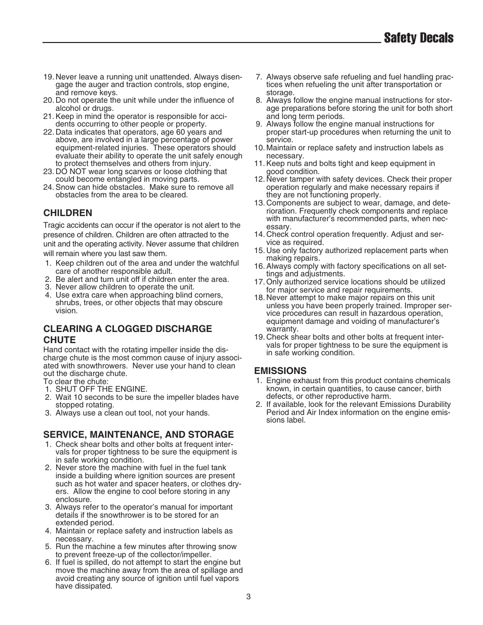 Safety decals | Snapper 42" Single-Stage Snowthrower User Manual | Page 5 / 28