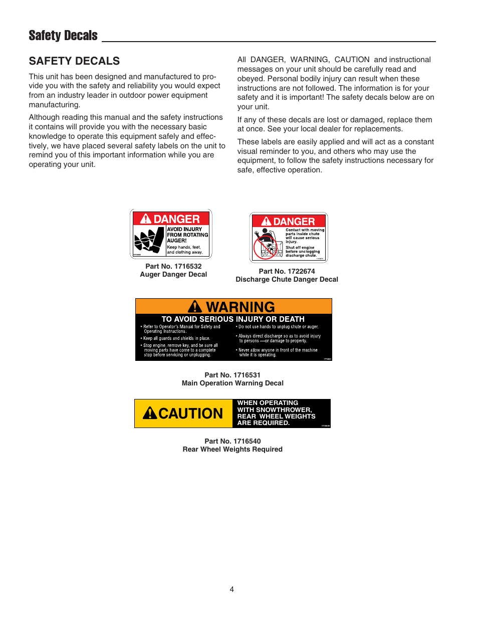 Caution, Safety decals | Snapper 42" Single-Stage Snowthrower User Manual | Page 6 / 28