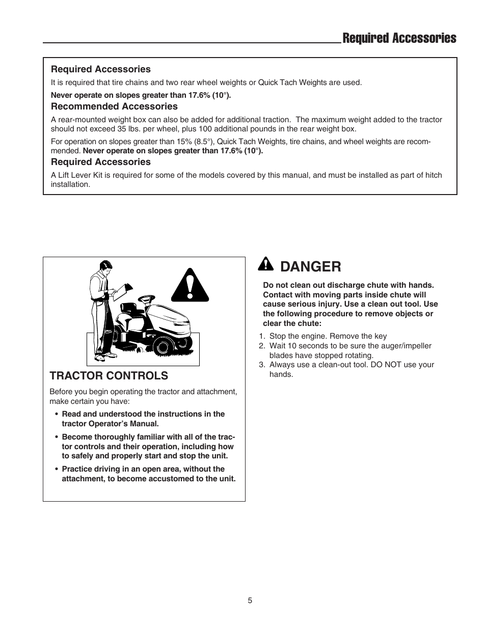 Required accessories, Danger, Tractor controls | Snapper 42" Single-Stage Snowthrower User Manual | Page 7 / 28