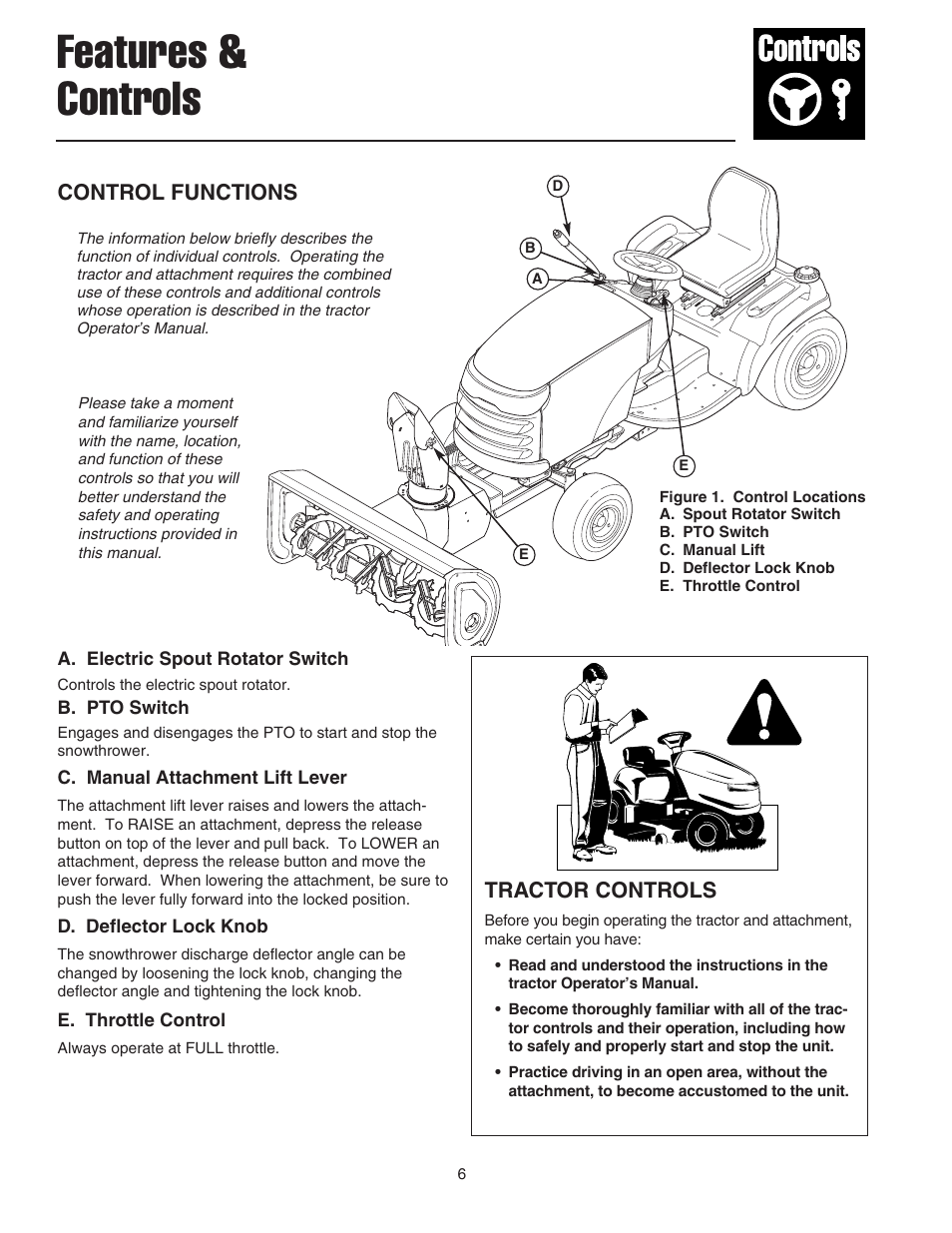 Features & controls, Tractor controls, Control functions | Snapper 42" Single-Stage Snowthrower User Manual | Page 8 / 28