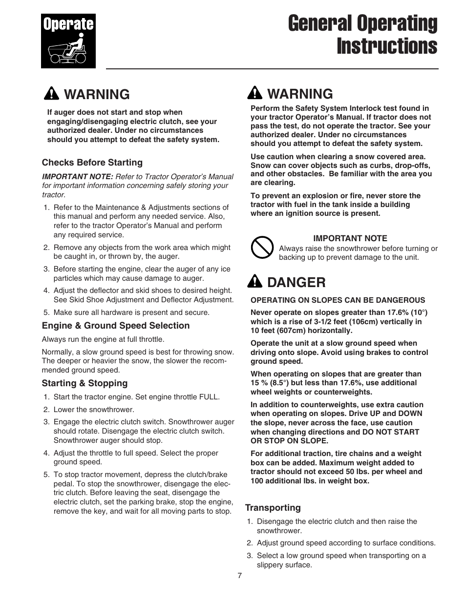 General operating instructions, Warning, Danger | Snapper 42" Single-Stage Snowthrower User Manual | Page 9 / 28