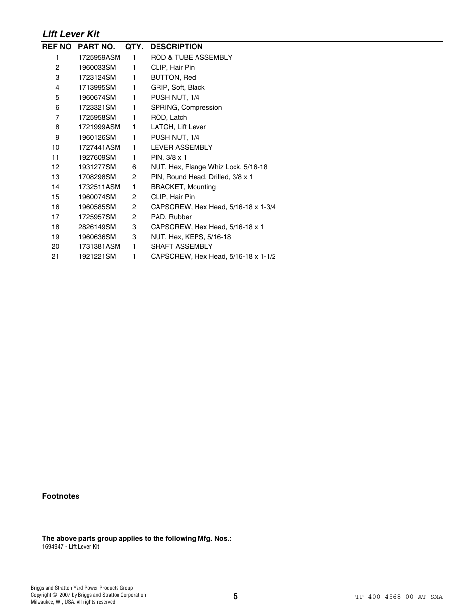 Lift lever kit | Snapper 4568 User Manual | Page 5 / 8
