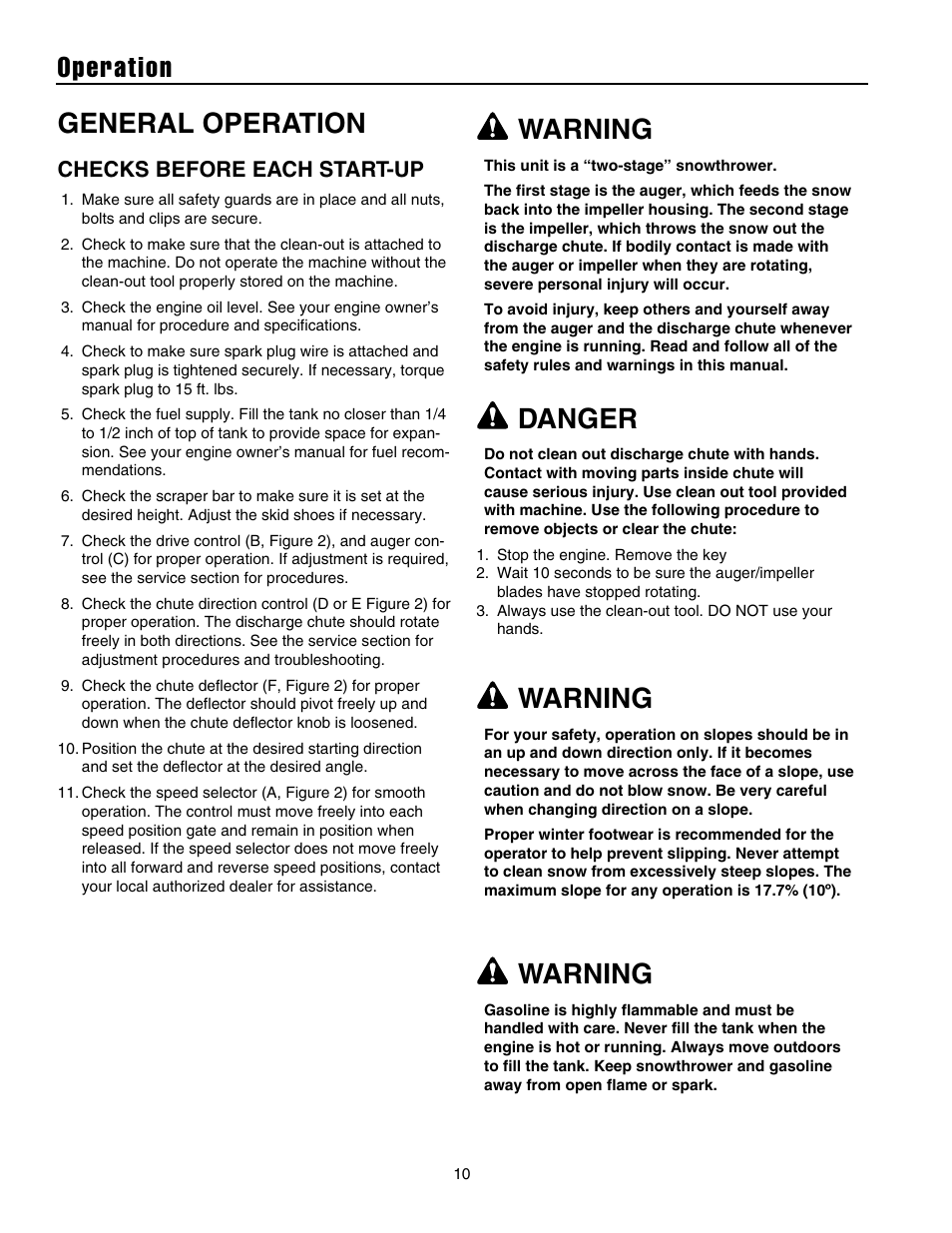 Operation, General operation, Warning | Danger, Checks before each start-up | Snapper 10524 User Manual | Page 12 / 32