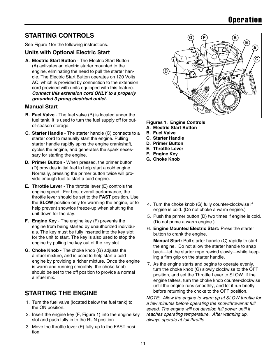 Operation, Starting controls, Starting the engine | Snapper 10524 User Manual | Page 13 / 32