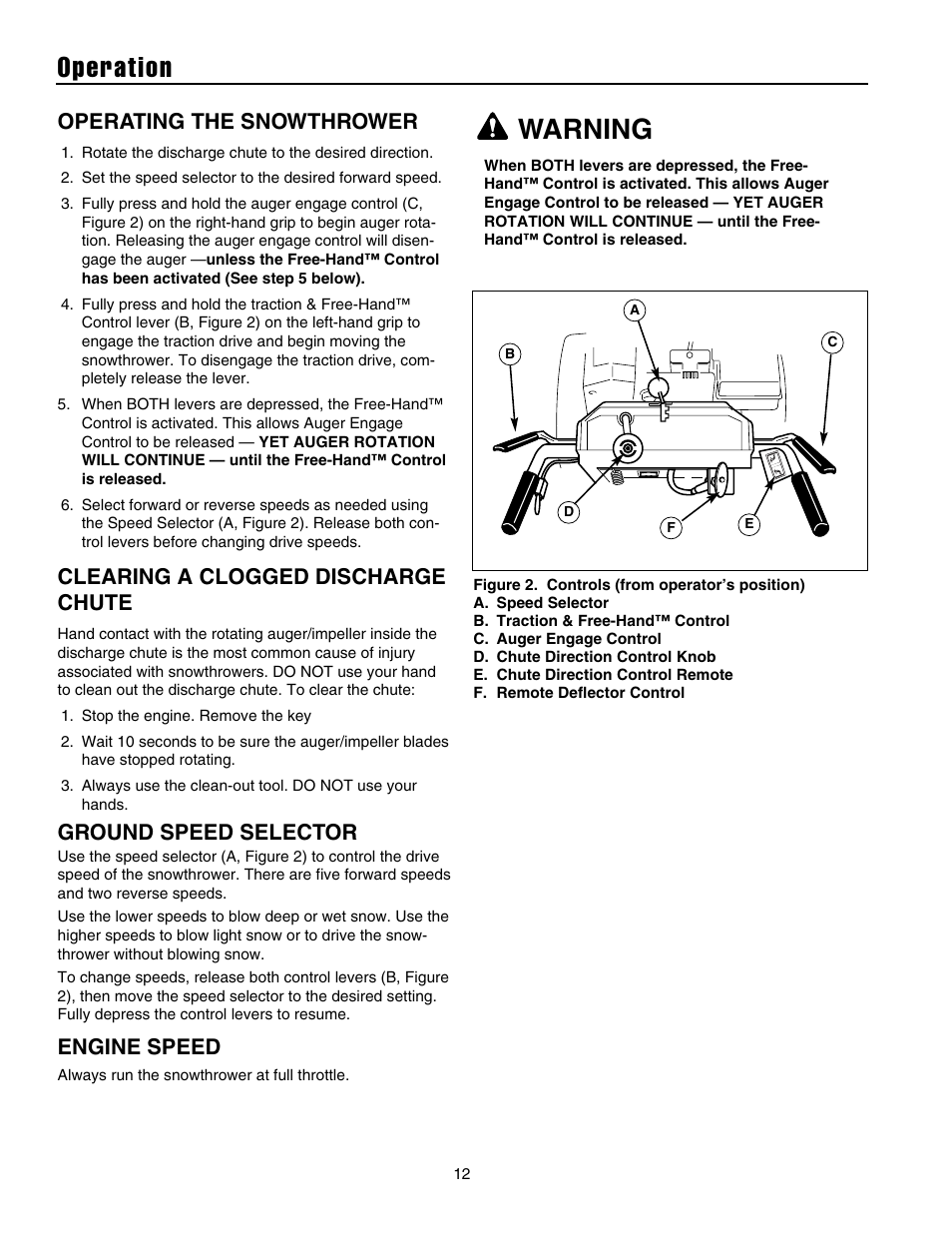 Operation, Warning, Operating the snowthrower | Clearing a clogged discharge chute, Ground speed selector, Engine speed | Snapper 10524 User Manual | Page 14 / 32