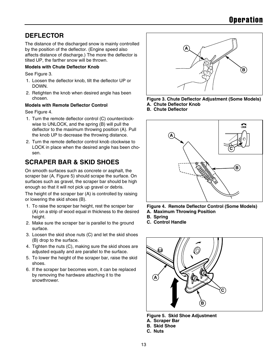 Operation, Deflector, Scraper bar & skid shoes | Snapper 10524 User Manual | Page 15 / 32