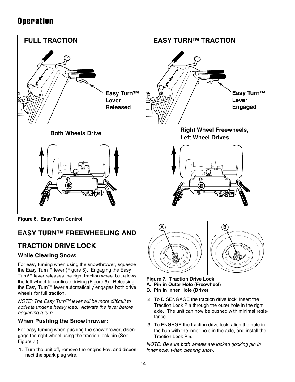 Operation, Easy turn™ freewheeling and traction drive lock, Full traction easy turn™ traction | Snapper 10524 User Manual | Page 16 / 32