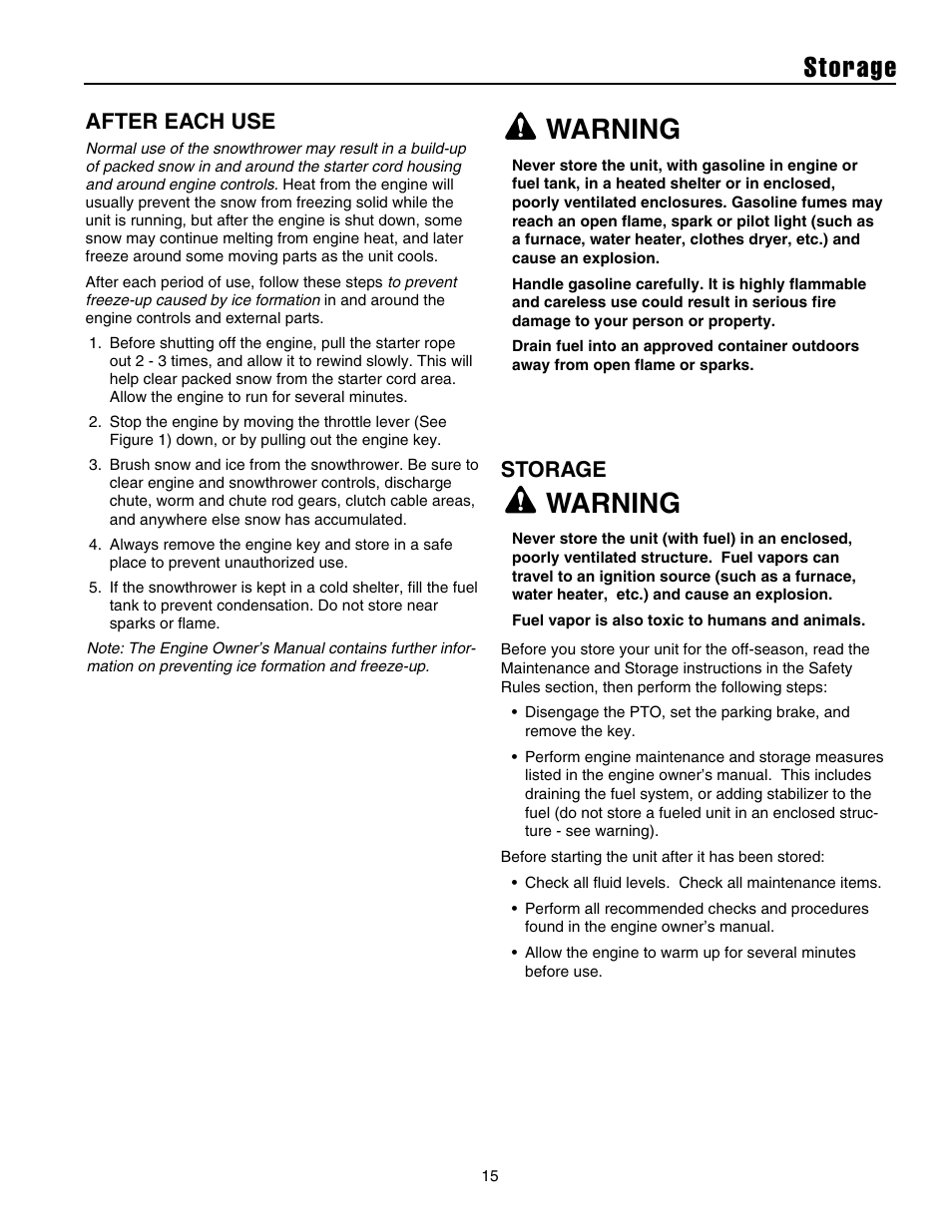 Storage, Warning, After each use | Snapper 10524 User Manual | Page 17 / 32