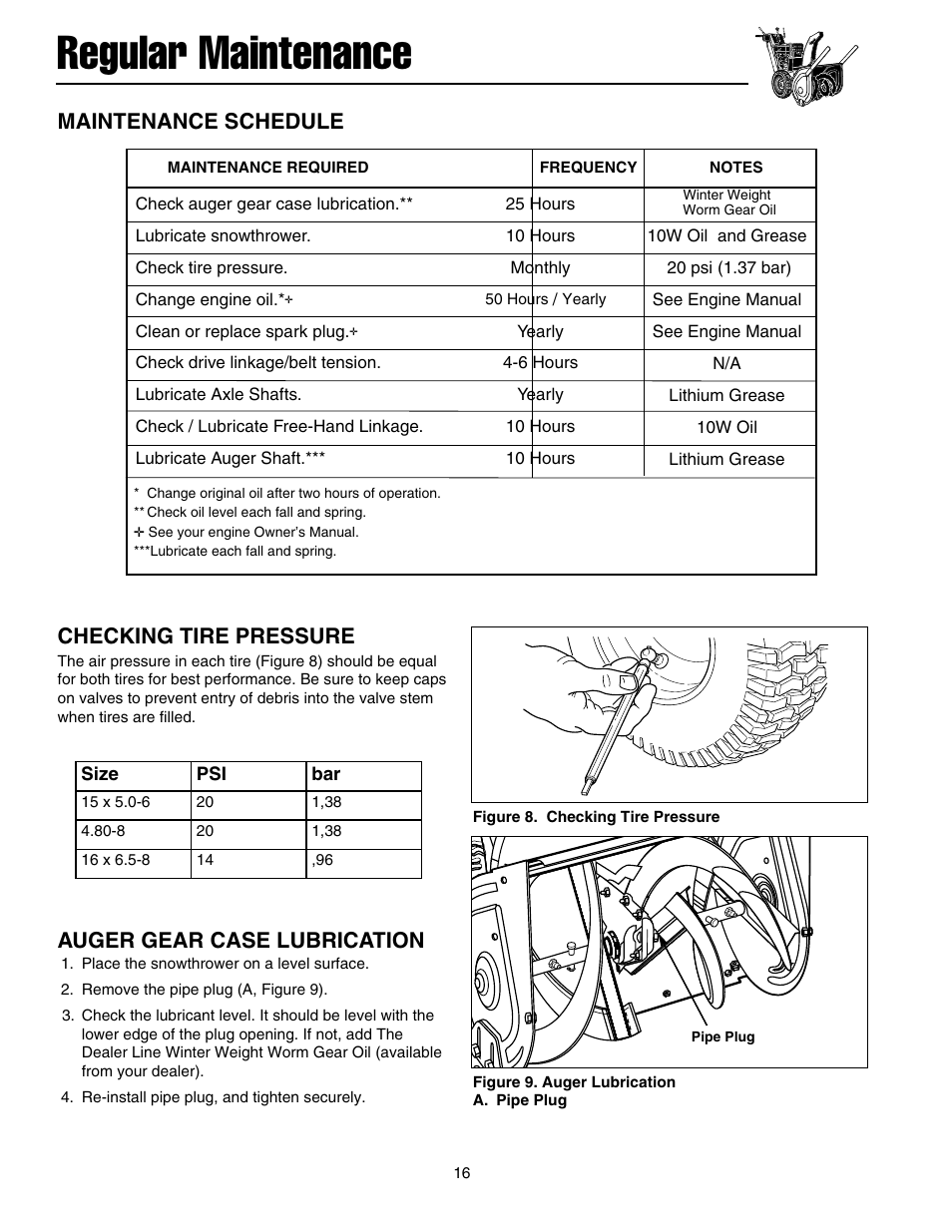 Regular maintenance, Auger gear case lubrication, Checking tire pressure | Maintenance schedule | Snapper 10524 User Manual | Page 18 / 32