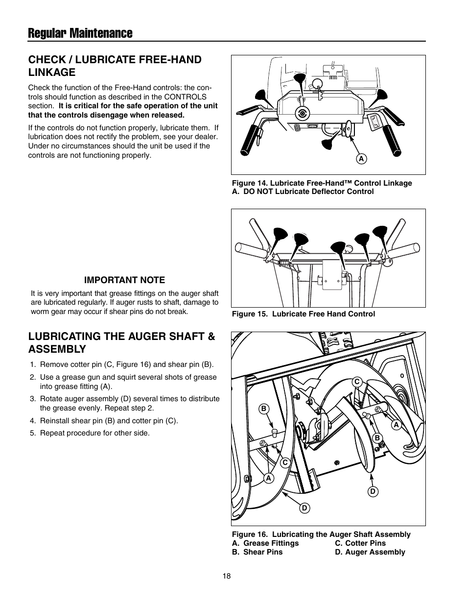 Regular maintenance, Check / lubricate free-hand linkage, Lubricating the auger shaft & assembly | Snapper 10524 User Manual | Page 20 / 32