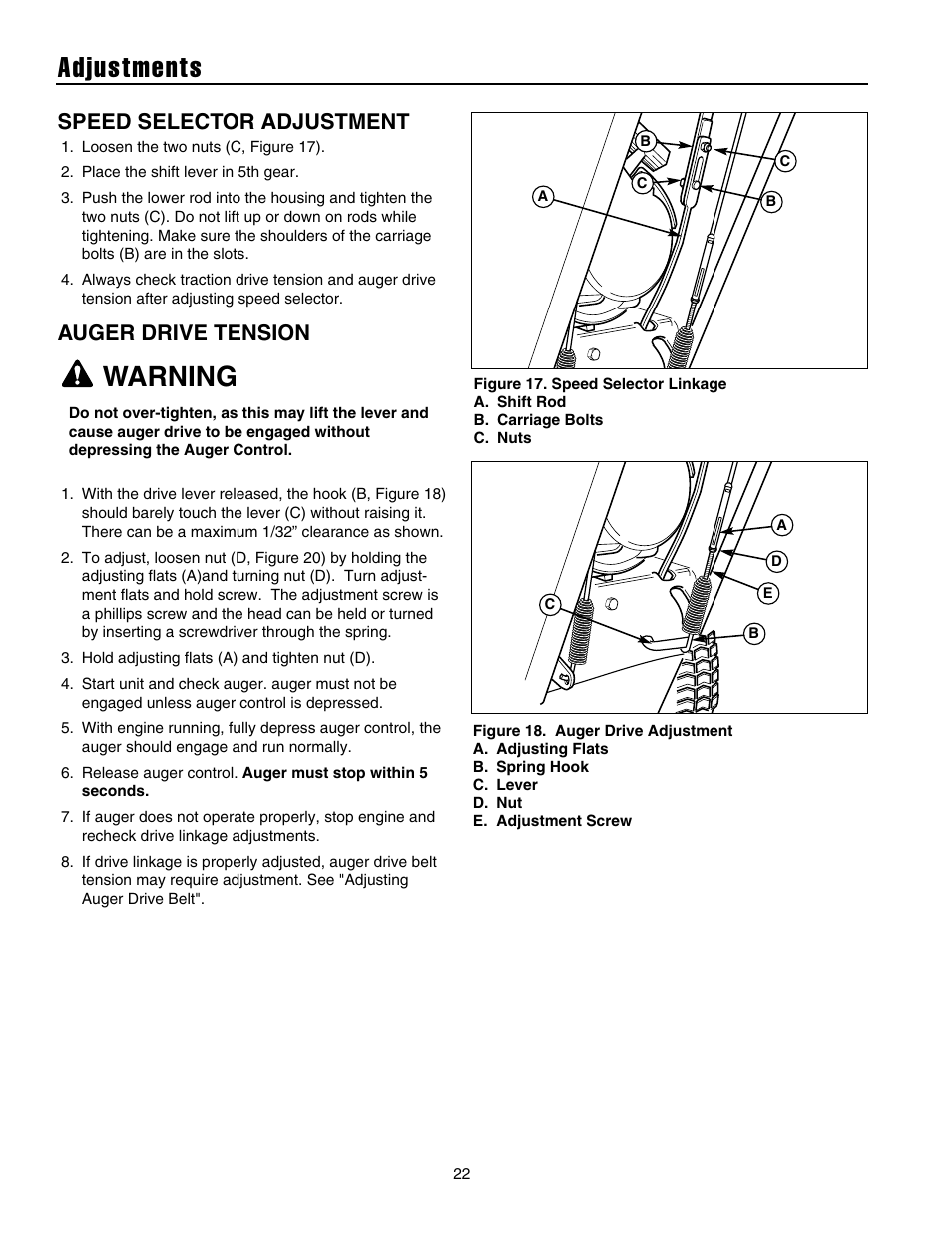 Adjustments, Warning, Speed selector adjustment | Auger drive tension | Snapper 10524 User Manual | Page 24 / 32