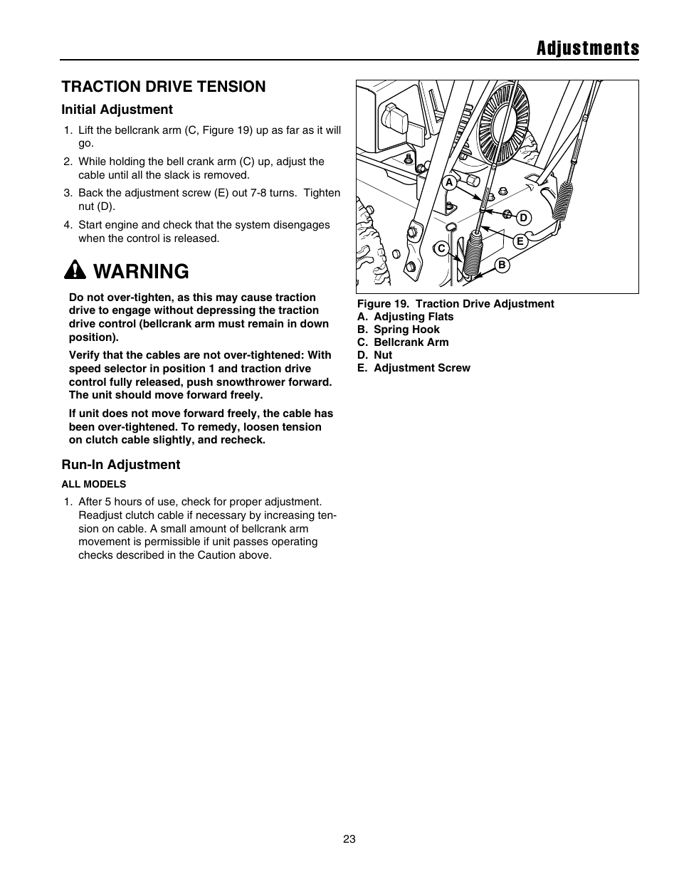 Adjustments, Warning, Traction drive tension | Snapper 10524 User Manual | Page 25 / 32